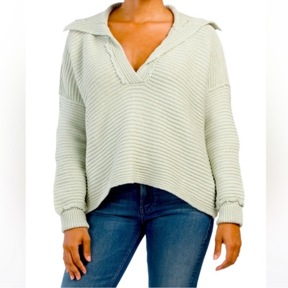 Free People Sweaters - FREE PEOPLE Marlie Rib Trim Collared V-Neck Pullover Sweater Size S